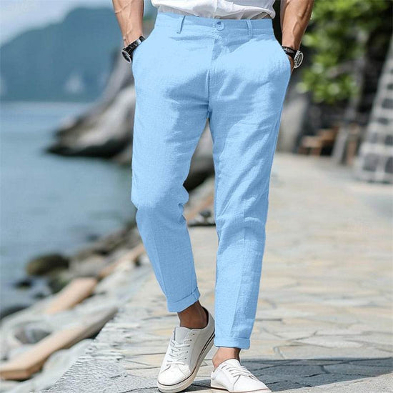 Pantalon d'été en lin pour homme, coupe droite, boutonné sur le devant, poches obliques - Droxev