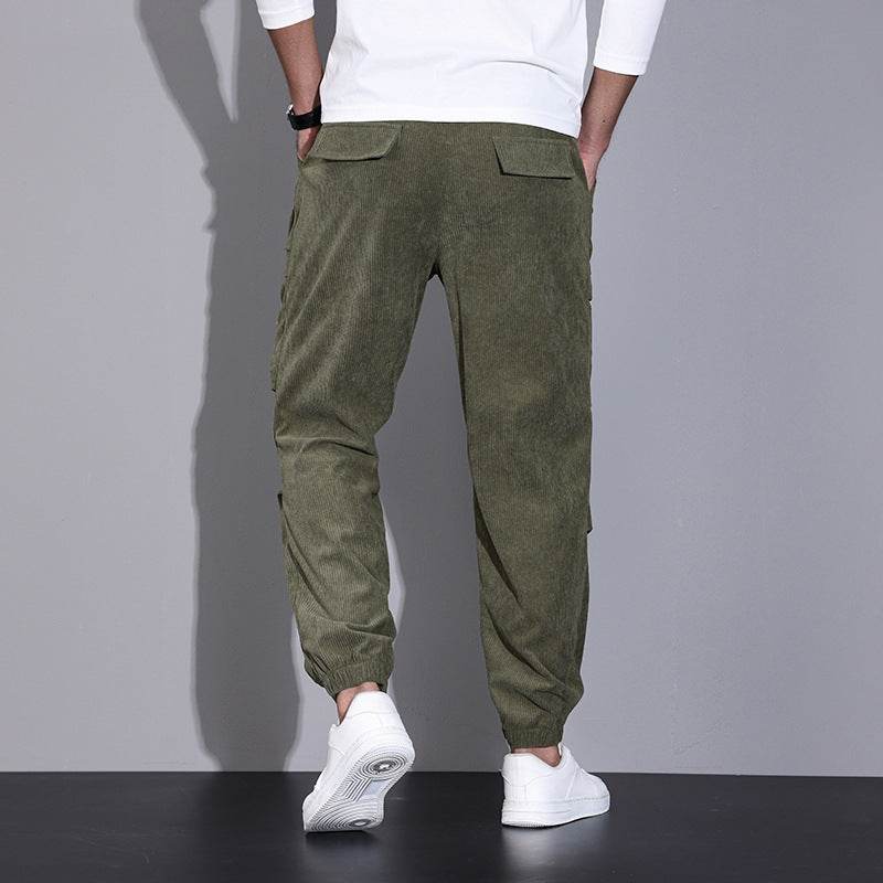Salopette en velours côtelé pour homme, pantalon ample décontracté à nouer à la cheville, multi-poches - Droxev