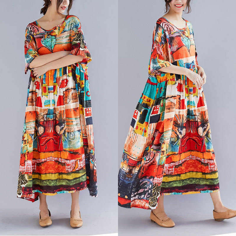 Robe rétro en coton et lin au-dessus du genou, style littéraire printanier