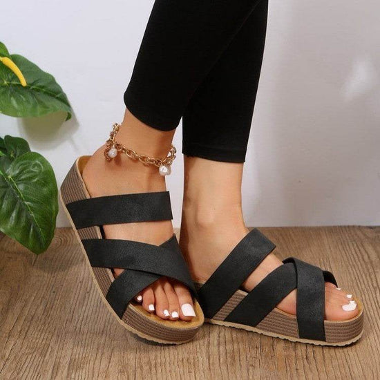 Sandales d'été à plateforme pour femmes, chaussures de plage plates, à brides croisées tissées - Droxev