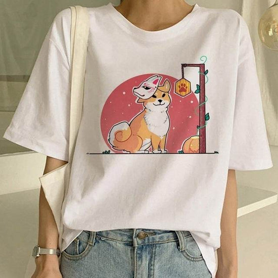 T-shirt col rond femme motif chien Shiba Inu - Droxev