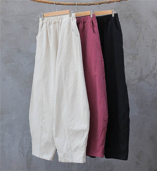 Pantalon sarouel large en coton et lin pour femme, simple et décontracté, taille élastique - Droxev