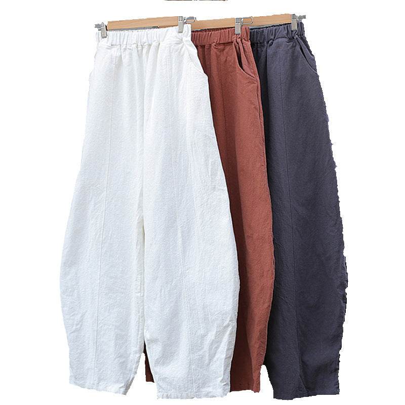 Pantalon sarouel large en coton et lin pour femme, simple et décontracté, taille élastique - Droxev