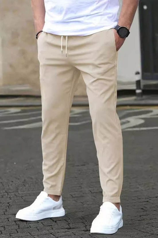 Pantalon court décontracté coupe slim avec étiquette en cuir, couleur unie - Droxev