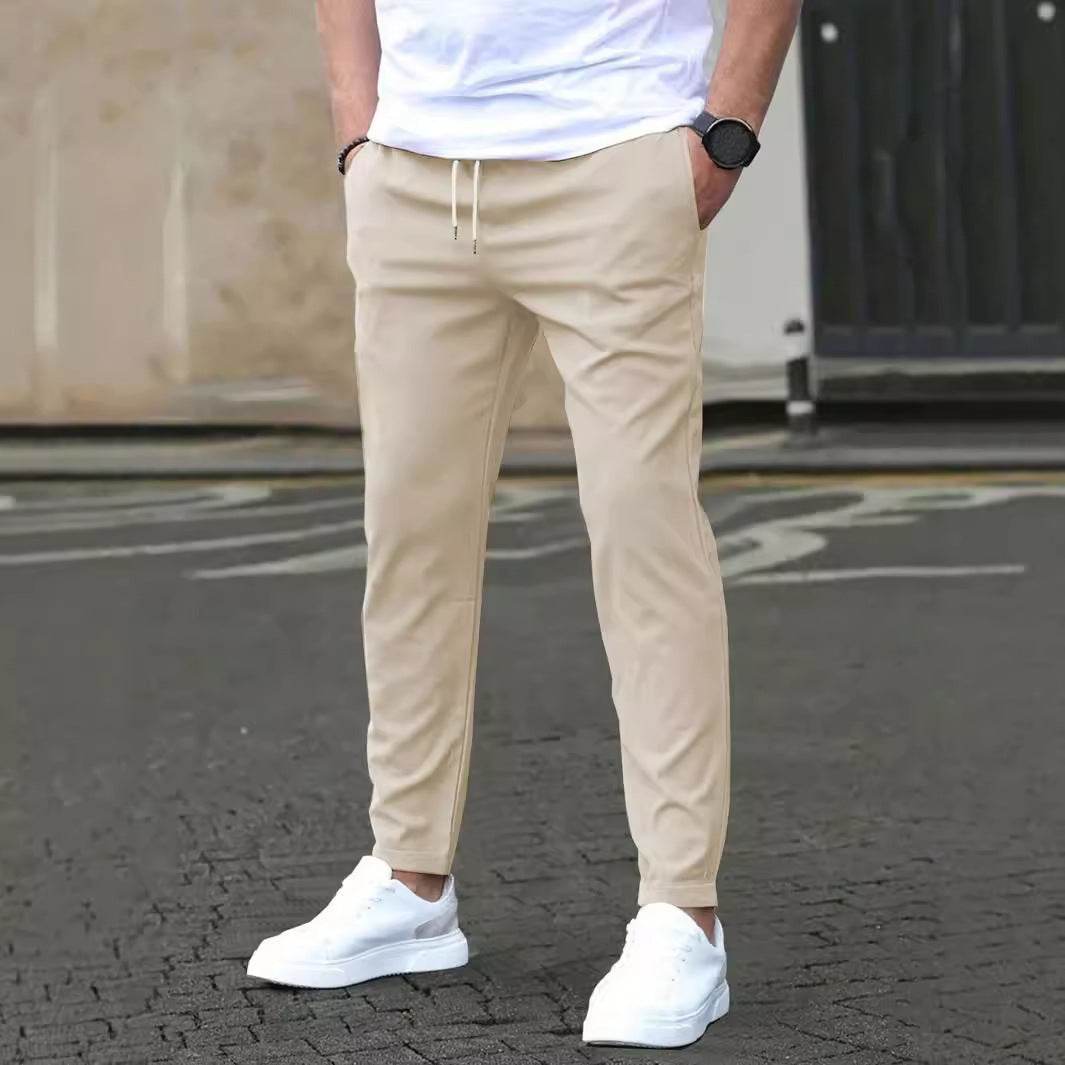 Pantalon court décontracté coupe slim avec étiquette en cuir, couleur unie - Droxev