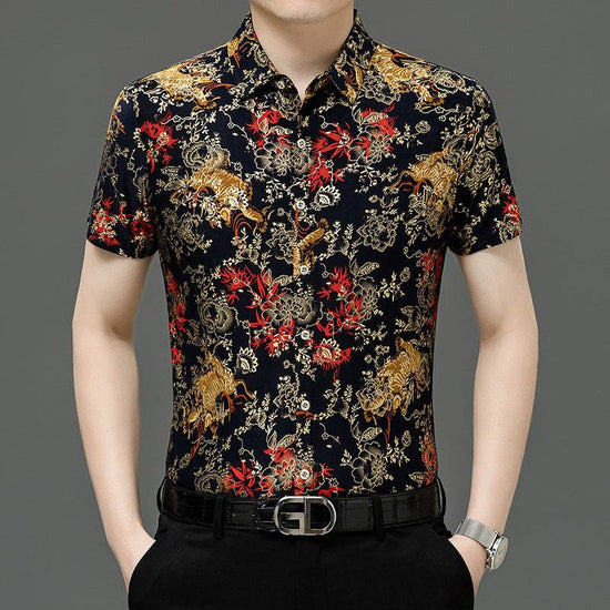 Chemise d'été imprimée à manches courtes pour homme d'âge moyen, en soie glacée extensible, pour loisirs - Droxev