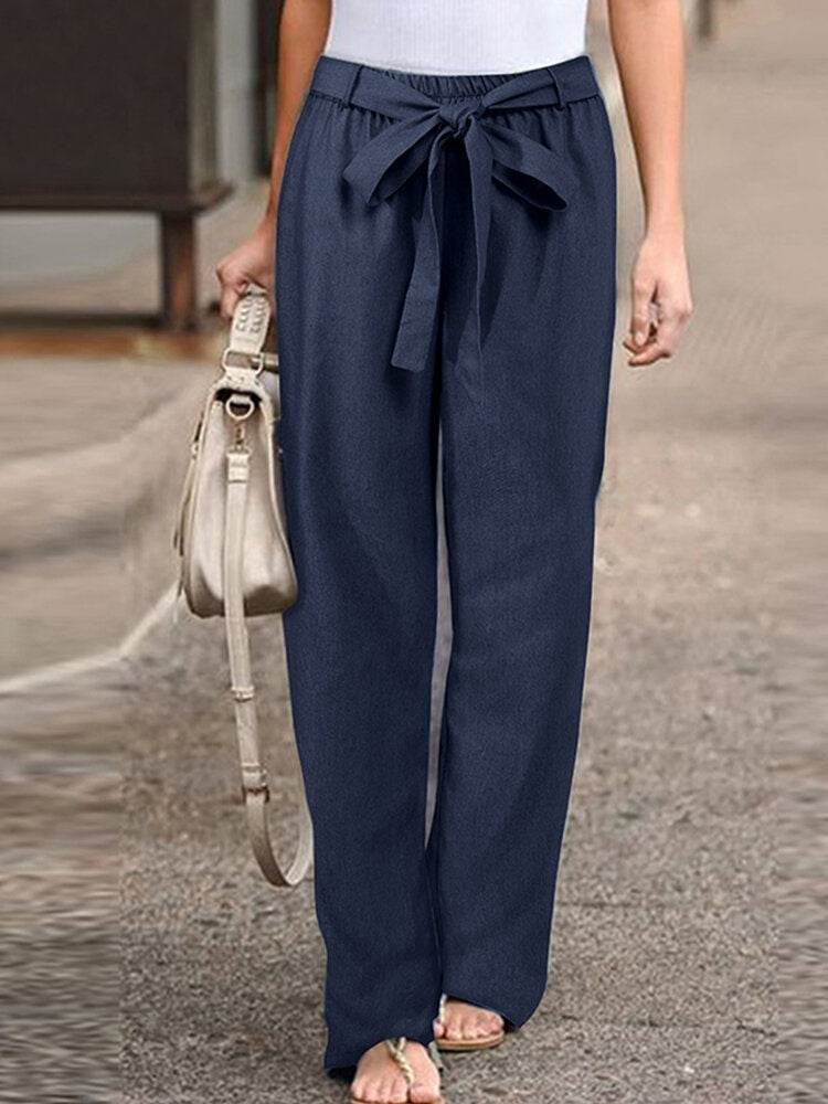 Pantalon décontracté en lin de couleur unie - Droxev