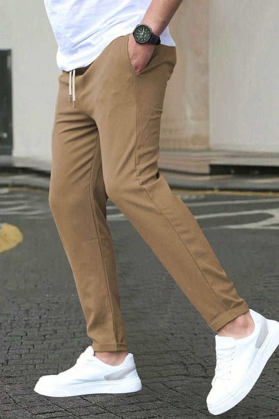Pantalon court décontracté coupe slim avec étiquette en cuir, couleur unie - Droxev