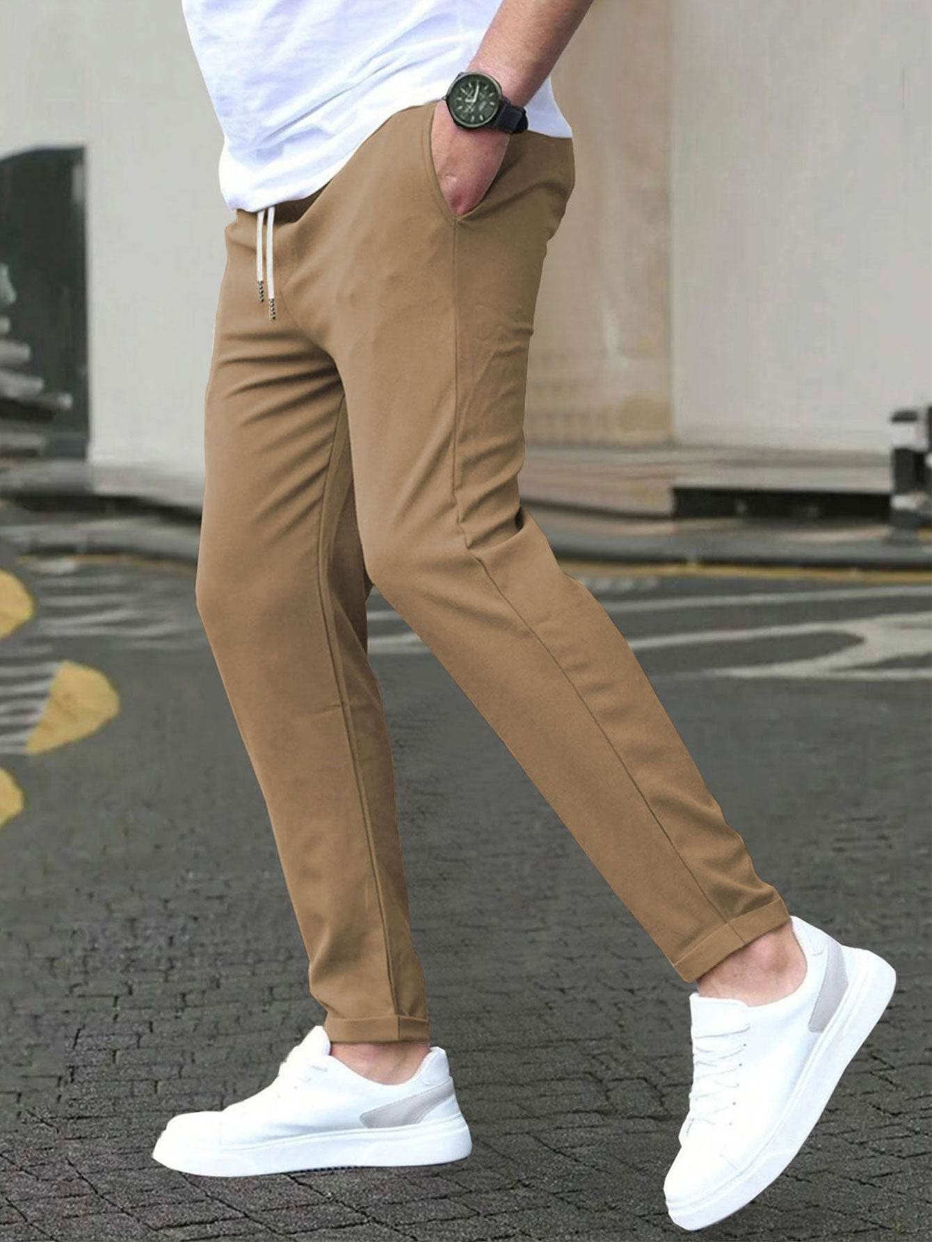 Pantalon court décontracté coupe slim avec étiquette en cuir, couleur unie - Droxev