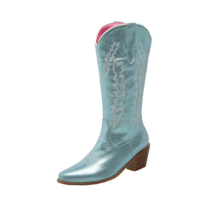 Bottes chevalier pointues fluorescentes mi-mollet pour femmes, chaussures à talons épais - Droxev