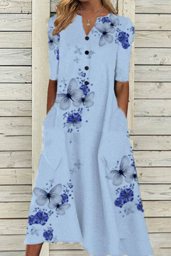 Robe longue décontractée ample à col en V et poches imprimées pour femme - Droxev