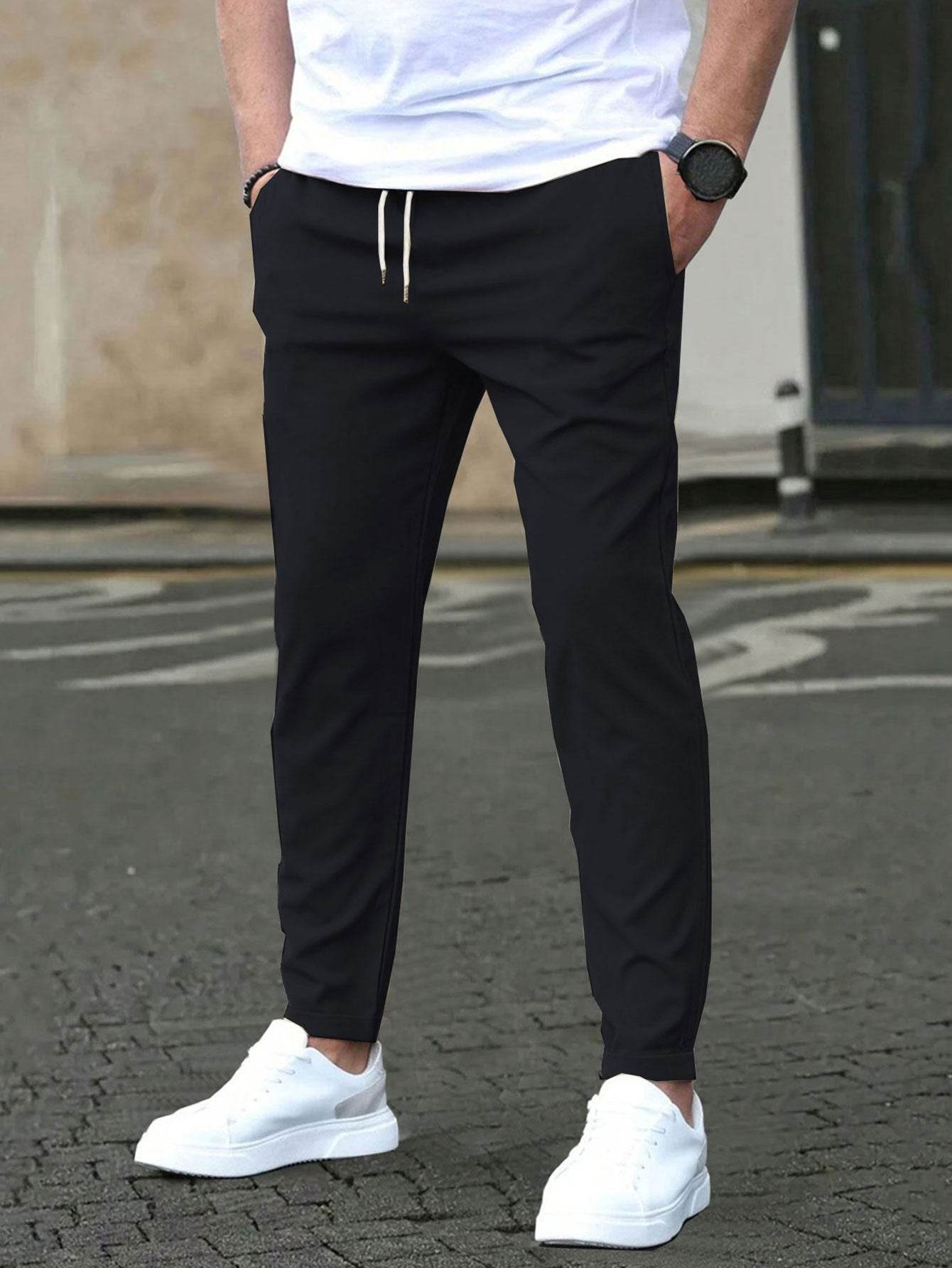 Pantalon court décontracté coupe slim avec étiquette en cuir, couleur unie - Droxev