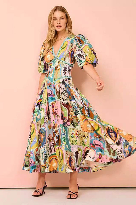 Robe décontractée en coton et lin imprimé pour femme, col en V, ourlet large - Droxev