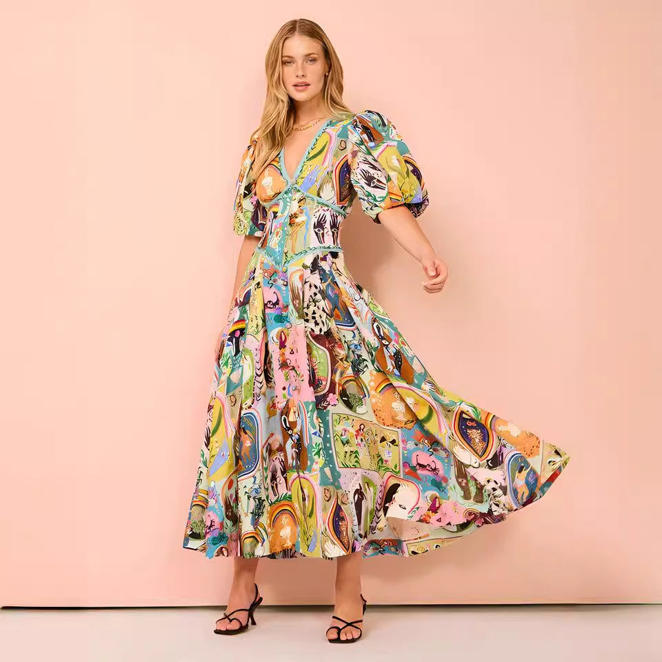 Robe décontractée en coton et lin imprimé pour femme, col en V, ourlet large