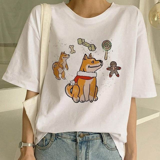 T-shirt col rond femme motif chien Shiba Inu - Droxev