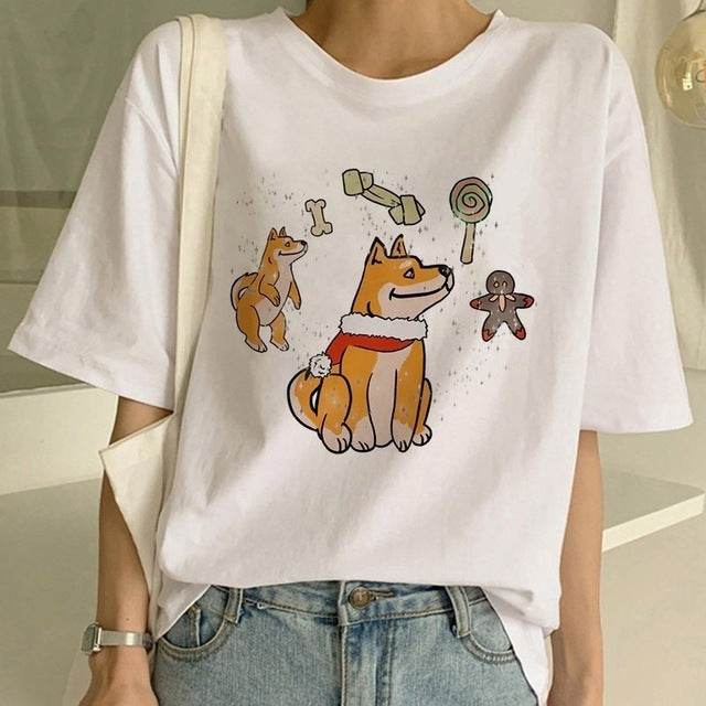 T-shirt col rond femme motif chien Shiba Inu - Droxev