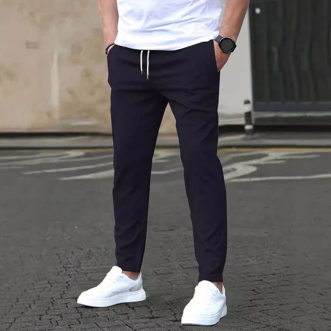 Pantalon court décontracté coupe slim avec étiquette en cuir, couleur unie - Droxev