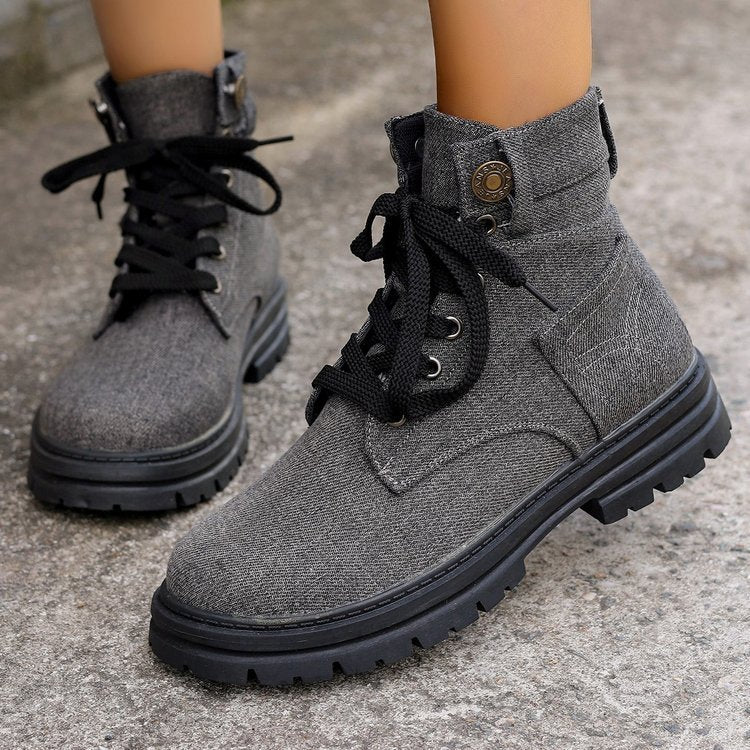 Bottines en jean à lacets pour femmes, bottes de cowboy à plateforme, décontractées, à bout rond, pour l'automne et l'hiver