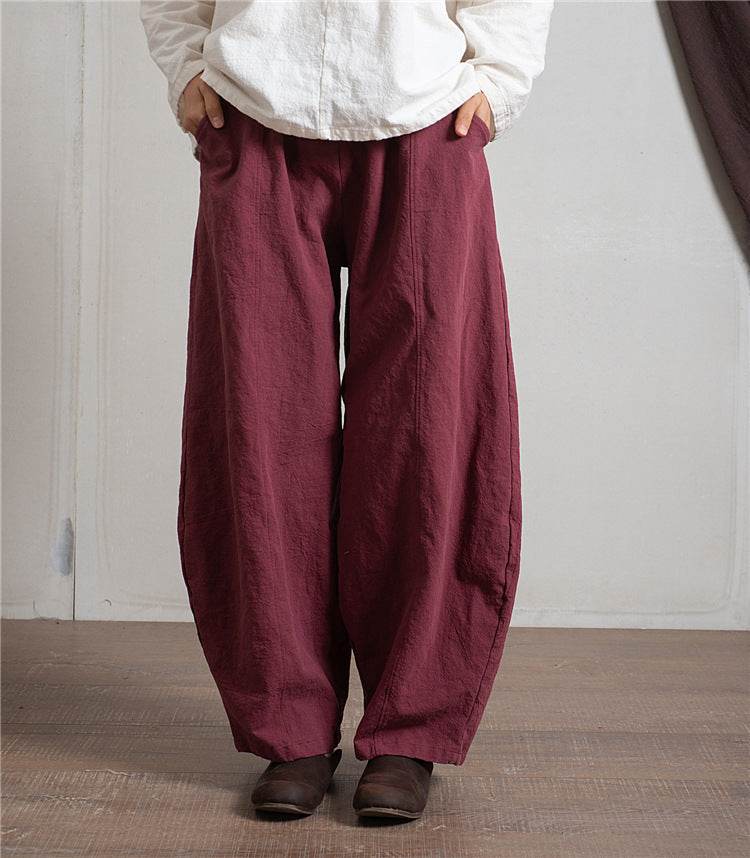 Pantalon sarouel large en coton et lin pour femme, simple et décontracté, taille élastique - Droxev