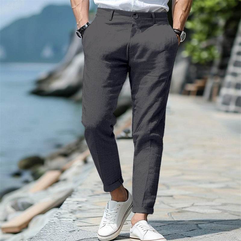 Pantalon d'été en lin pour homme, coupe droite, boutonné sur le devant, poches obliques - Droxev