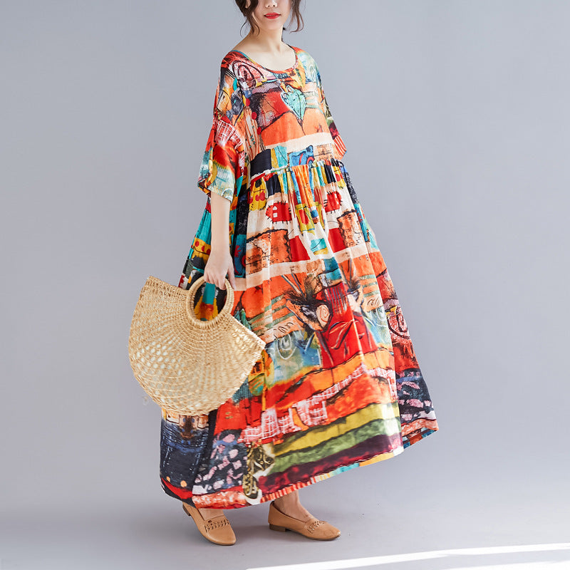Robe rétro en coton et lin au-dessus du genou, style littéraire printanier