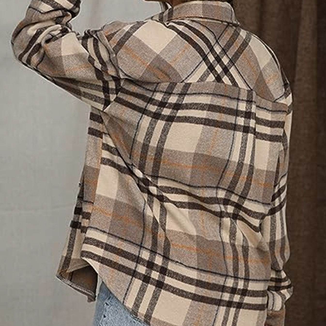 Veste décontractée à carreaux et manches longues pour femme, chemise ample d'hiver - Droxev