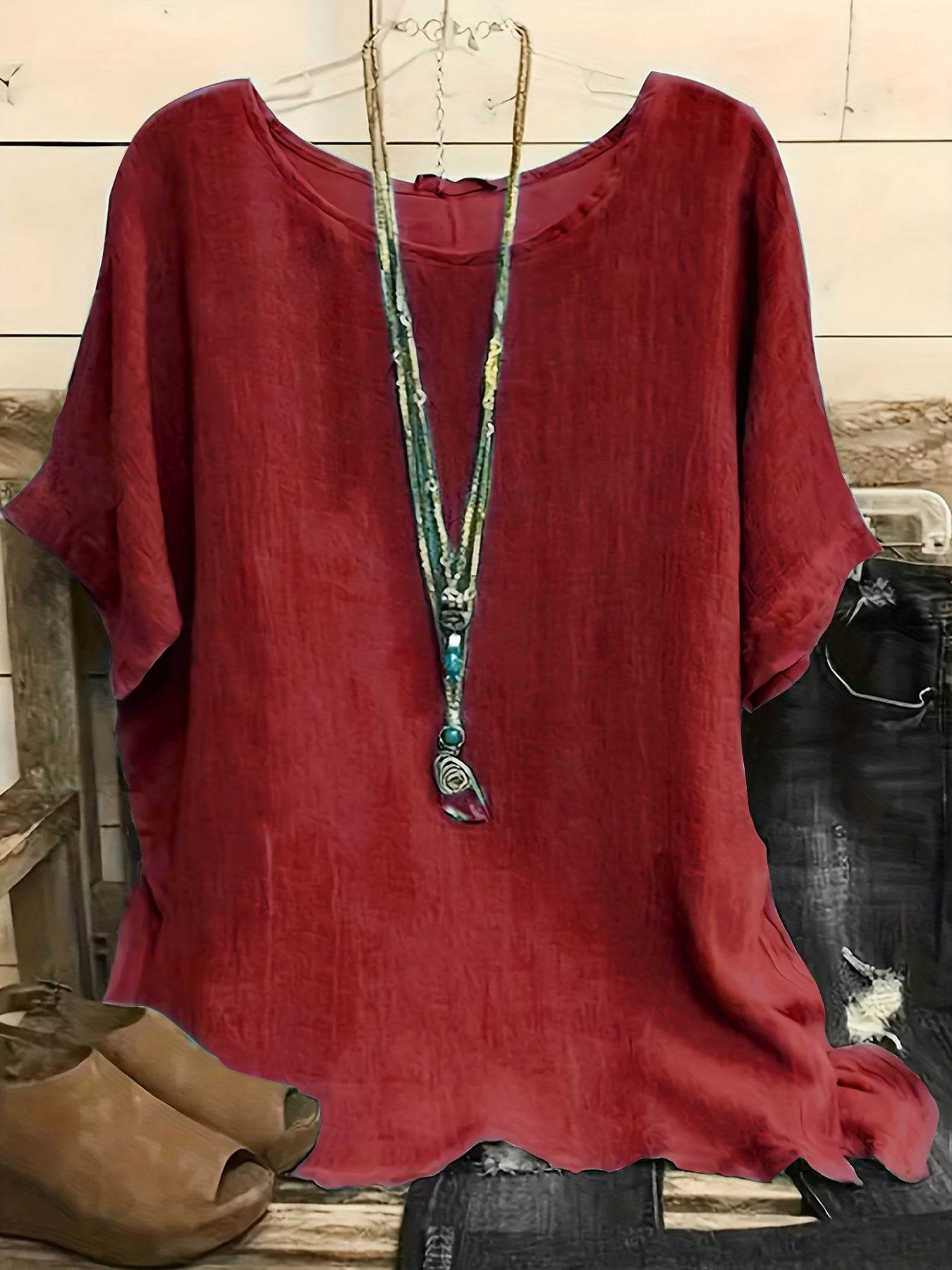 Chemises décontractées à manches 3/4 et col rond pour femmes, couleur unie, hauts amples d'été, streetwear - Droxev