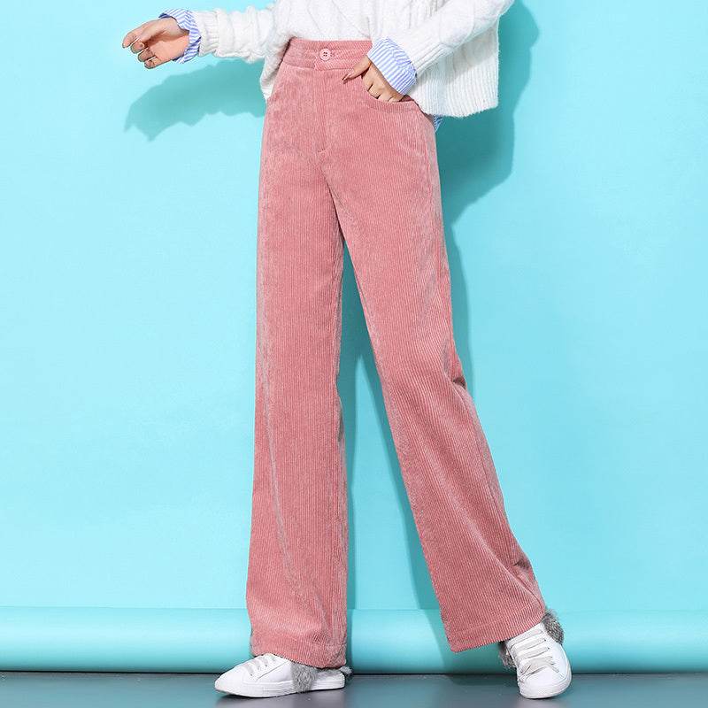 Pantalon ample décontracté en velours côtelé taille haute à jambes larges - Droxev