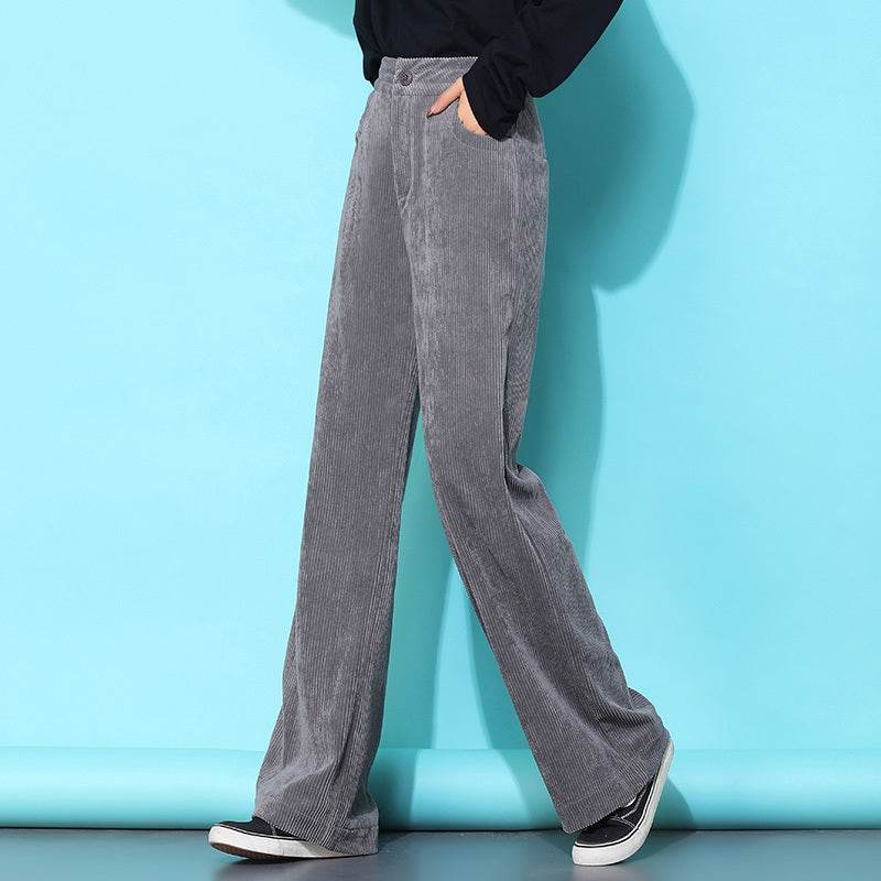 Pantalon ample décontracté en velours côtelé taille haute à jambes larges - Droxev