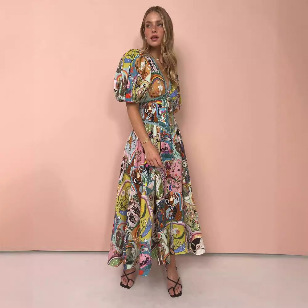 Robe décontractée en coton et lin imprimé pour femme, col en V, ourlet large