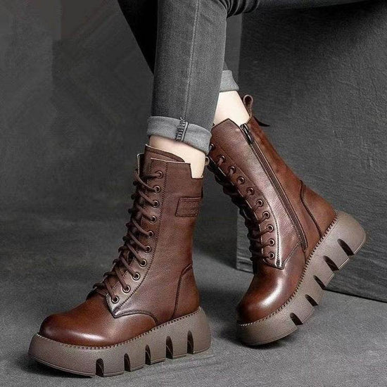 Bottes rétro pour femmes, chaussures à lacets, bottes britanniques polyvalentes à boucle montante pour l'automne et l'hiver - Droxev