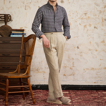 Chemise Vintage à Carreaux en Coton et Lin à Manches Longues pour Homme