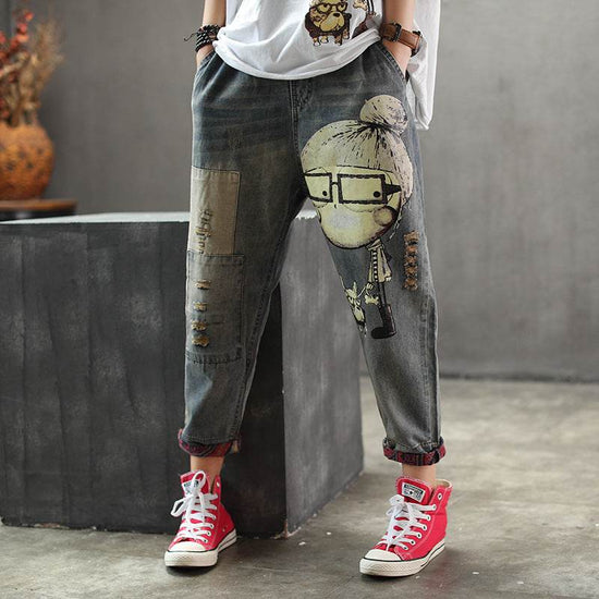 Jean imprimé vieilli pour femme Ninth Pants - Droxev