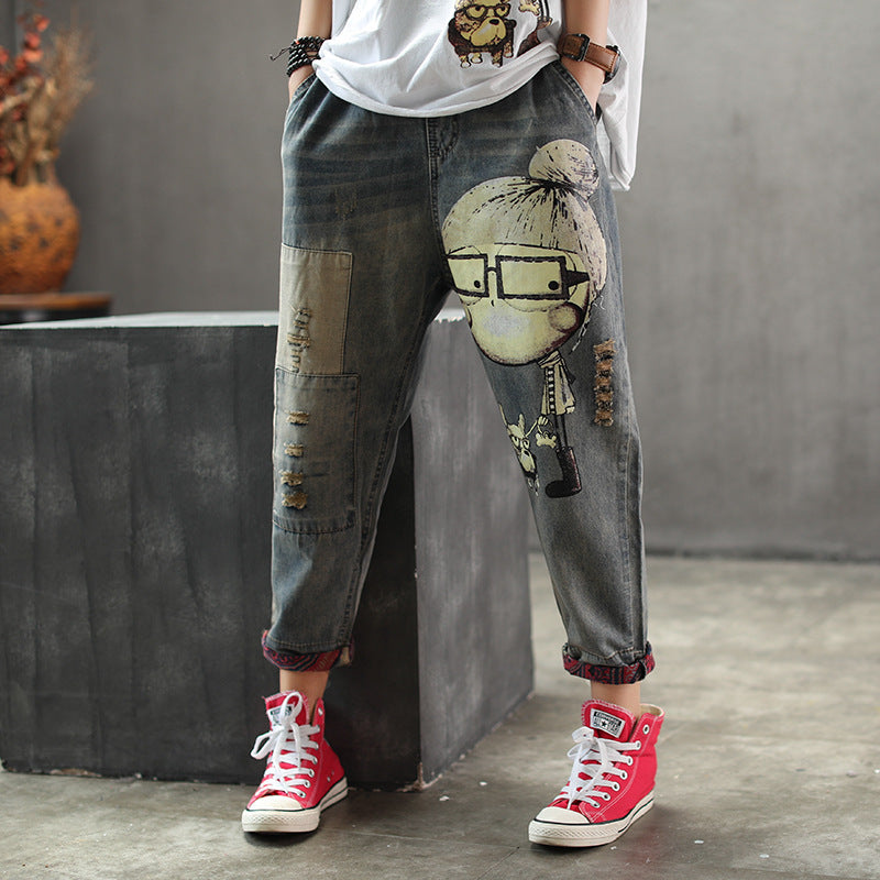 Jean imprimé vieilli pour femme Ninth Pants