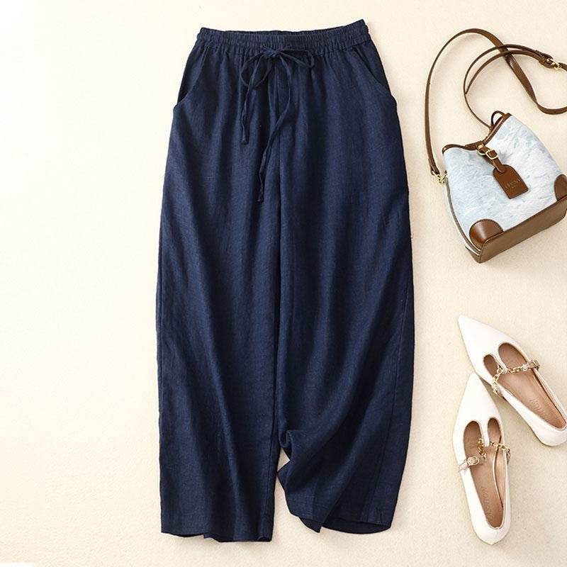 Pantalon large court rétro en coton et lin pour femme - Droxev