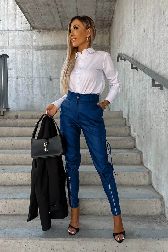 Pantalon slim en cuir PU avec poches, mode automne-hiver - Droxev
