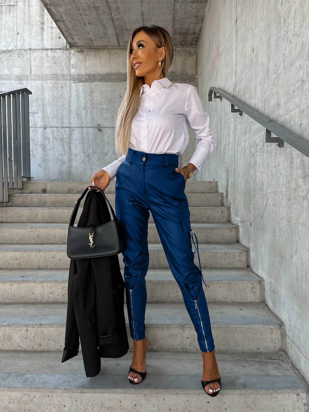 Pantalon slim en cuir PU avec poches, mode automne-hiver - Droxev
