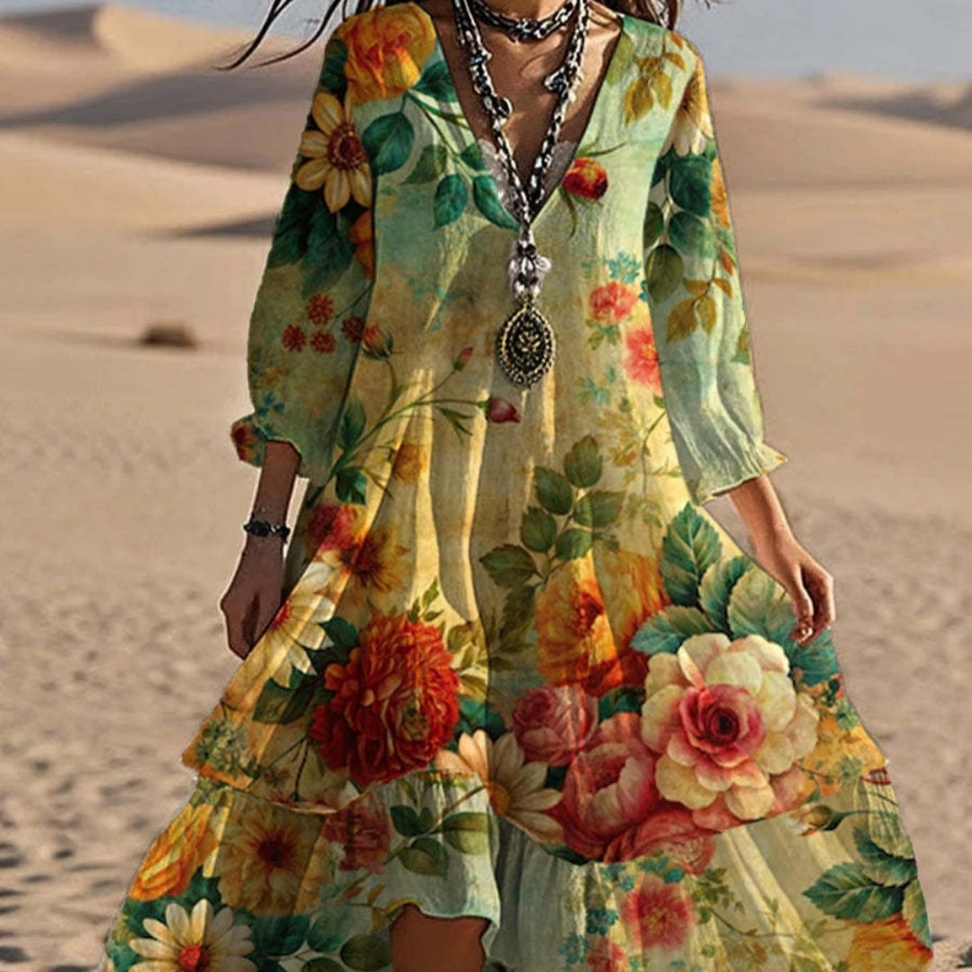 Robe mi-longue à imprimé floral et col en V