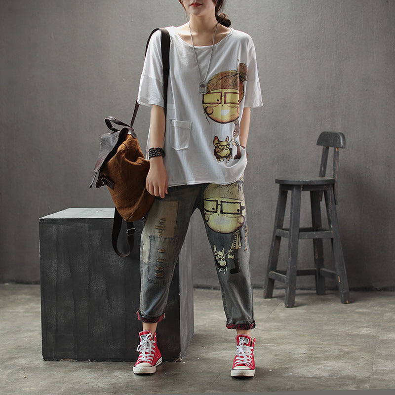 Jean imprimé vieilli pour femme Ninth Pants