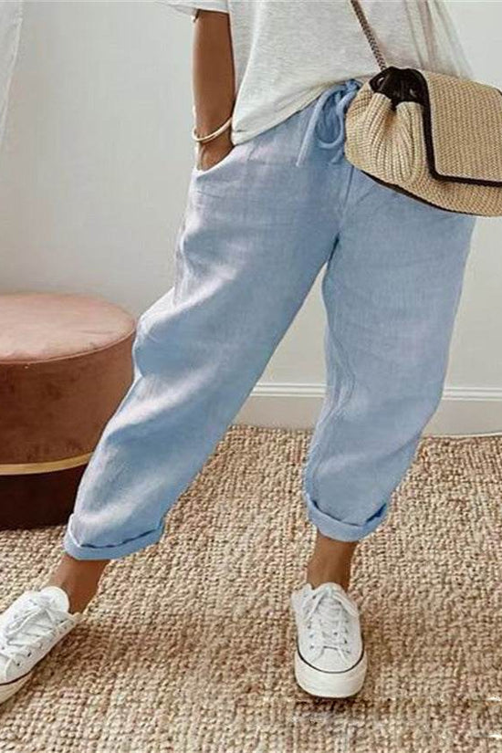 Pantalon court décontracté en coton et lin à taille élastique pour femme - Droxev