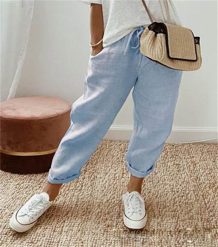 Pantalon court décontracté en coton et lin à taille élastique pour femme - Droxev