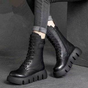 Bottes rétro pour femmes, chaussures à lacets, bottes britanniques polyvalentes à boucle montante pour l'automne et l'hiver - Droxev