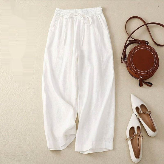 Pantalon large court rétro en coton et lin pour femme - Droxev