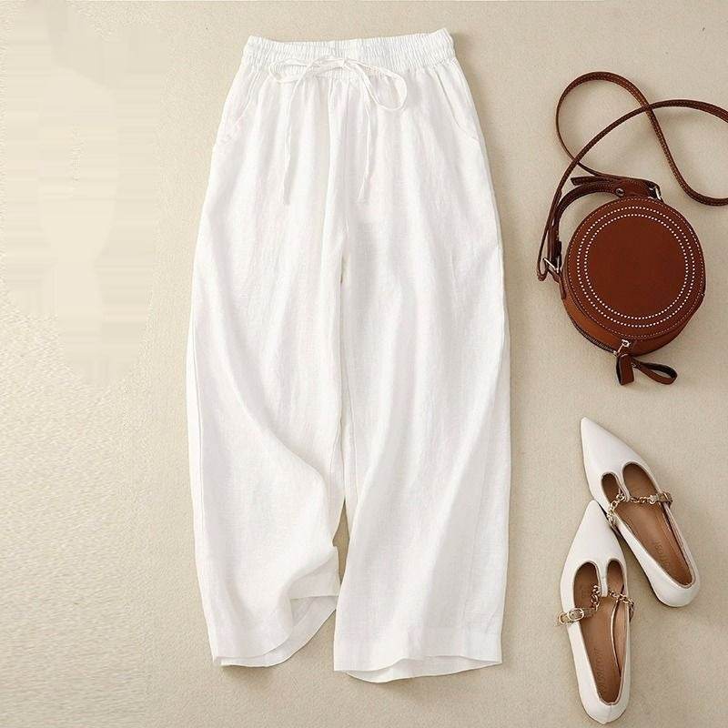 Pantalon large court rétro en coton et lin pour femme - Droxev