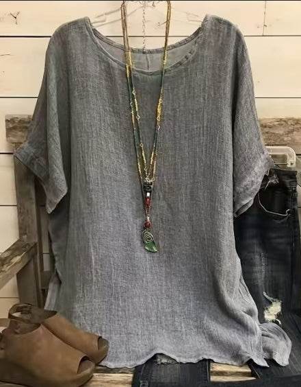 Chemises décontractées à manches 3/4 et col rond pour femmes, couleur unie, hauts amples d'été, streetwear - Droxev