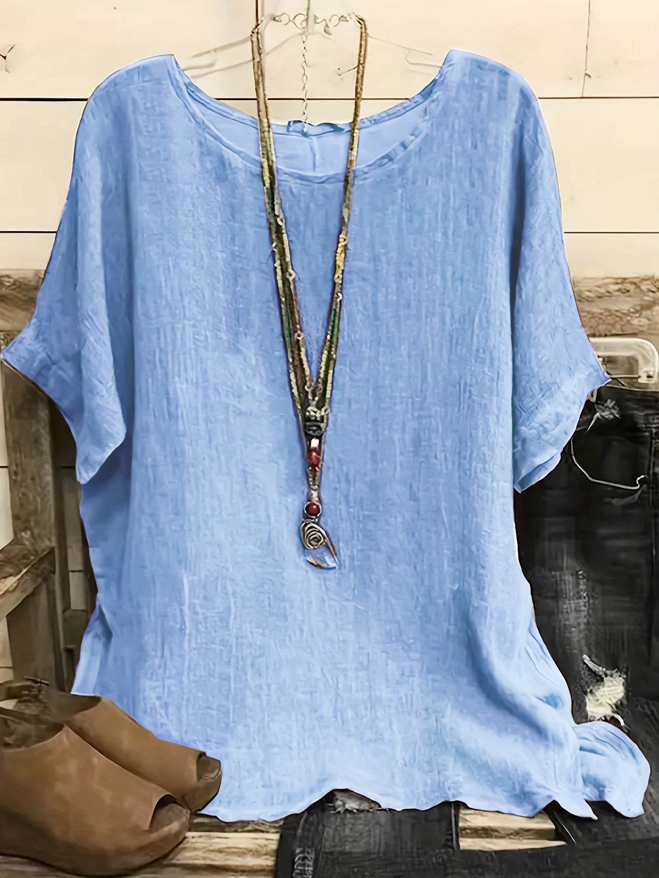 Chemises décontractées à manches 3/4 et col rond pour femmes, couleur unie, hauts amples d'été, streetwear - Droxev
