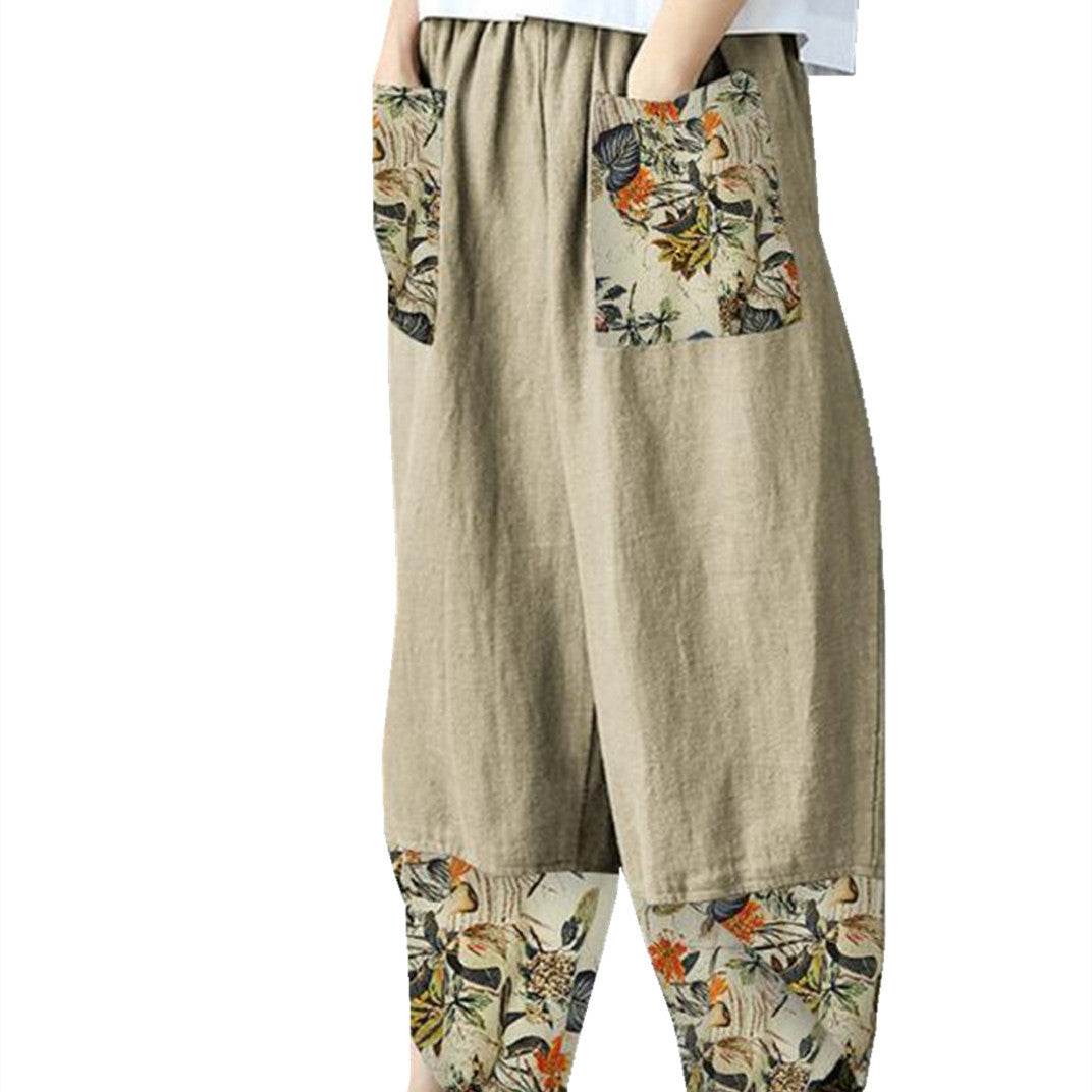 Pantalon court ample décontracté en coton et lin à taille élastique pour femme - Droxev