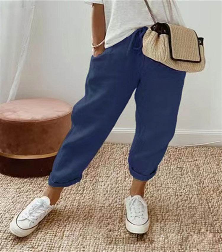 Pantalon court décontracté en coton et lin à taille élastique pour femme - Droxev