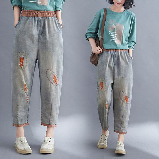 Pantalon sarouel en denim à trous contrastés pour femme - Droxev