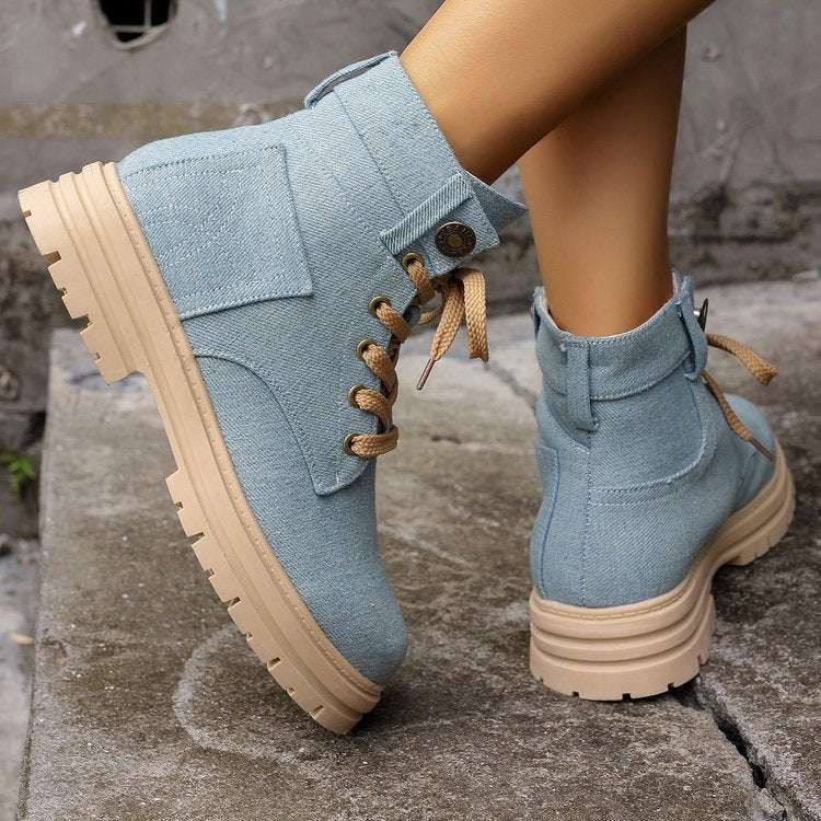 Bottines en jean à lacets pour femmes, bottes de cowboy à plateforme, décontractées, à bout rond, pour l'automne et l'hiver
